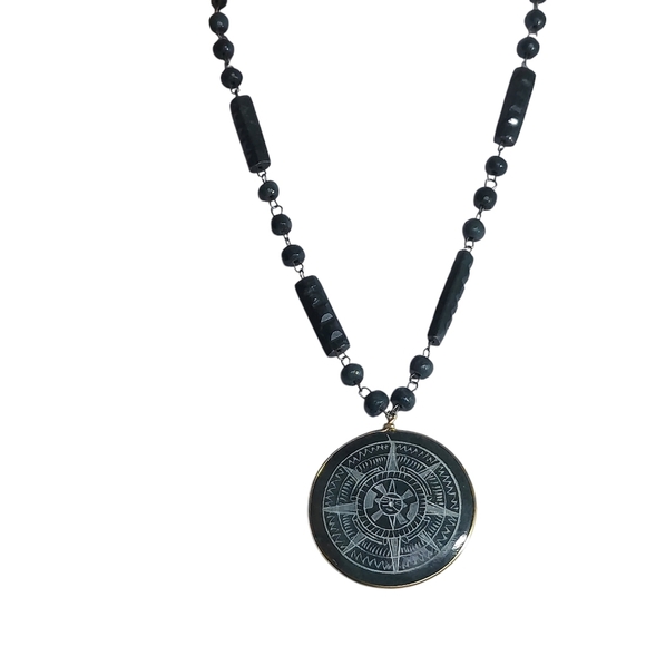 Mayan Sundial Green Dyed Alabaster Medallion Sculpted bars and round beads - Picture 6 of 15